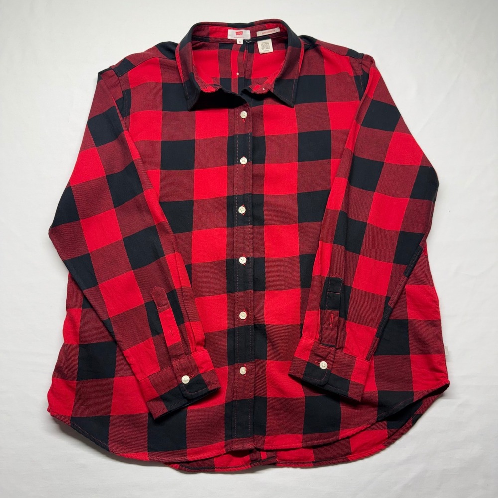 Levi's Boyfriend‎ Fit Buffalo Plaid Shirt XL Button Back Split Hem Red Black